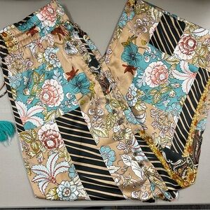 Z&L Floral Patchwork Wide Leg Pants Tan Black Elastic Waist Button Side Split M